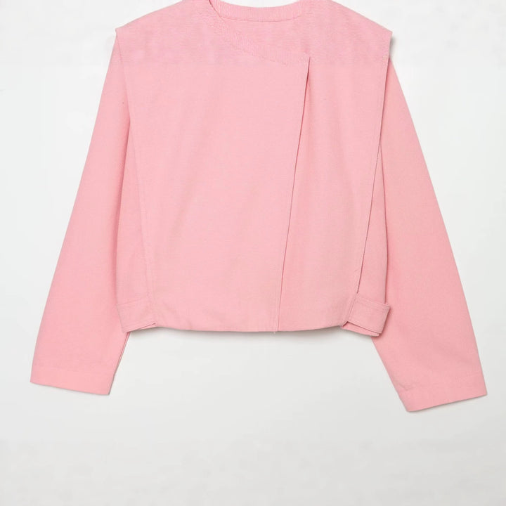 Damen kurze Boxy-Jacke mit Stehkragen und asymmetrischer Knopfleiste Drune