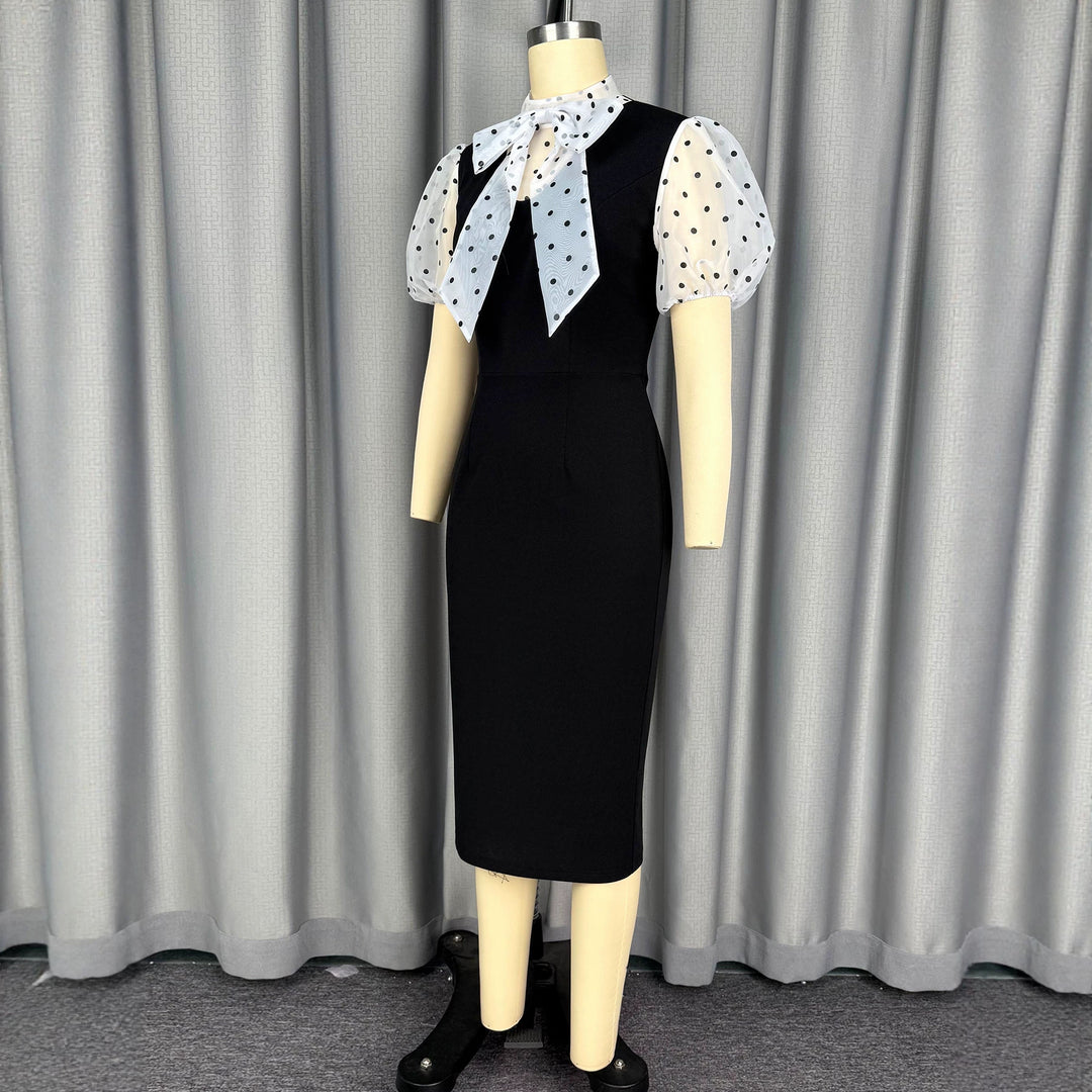 Damen figurbetontes Midi-Kleid mit transparenten Puffärmeln und Schleifenkragen Drune