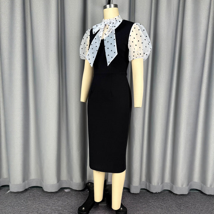 Damen figurbetontes Midi-Kleid mit transparenten Puffärmeln und Schleifenkragen Drune