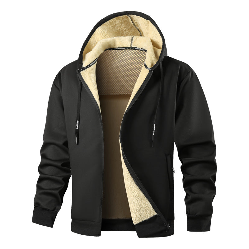 Herren Kapuzen-Sweatjacke mit wärmender Teddy-Innenfütterung, Zwei-Wege-Reißverschluss & gerippten Bündchen Drune