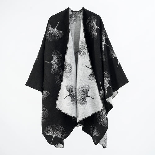 Damen Reversibler Wollmix‑Poncho mit Pusteblumen‑Jacquard und feiner Kettelkante Drune