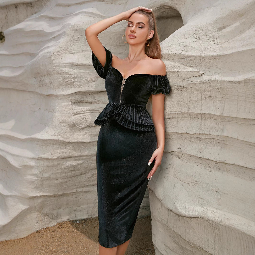 Damen Tailliertes Abendkleid mit schulterfreiem Design und Rüschendetails Drune