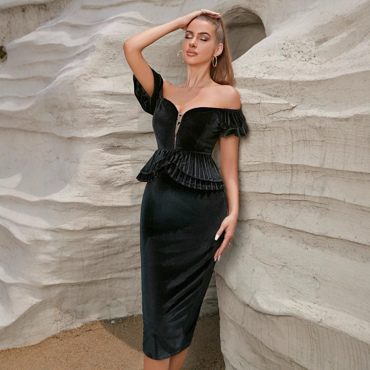Damen Tailliertes Abendkleid mit schulterfreiem Design und Rüschendetails Drune