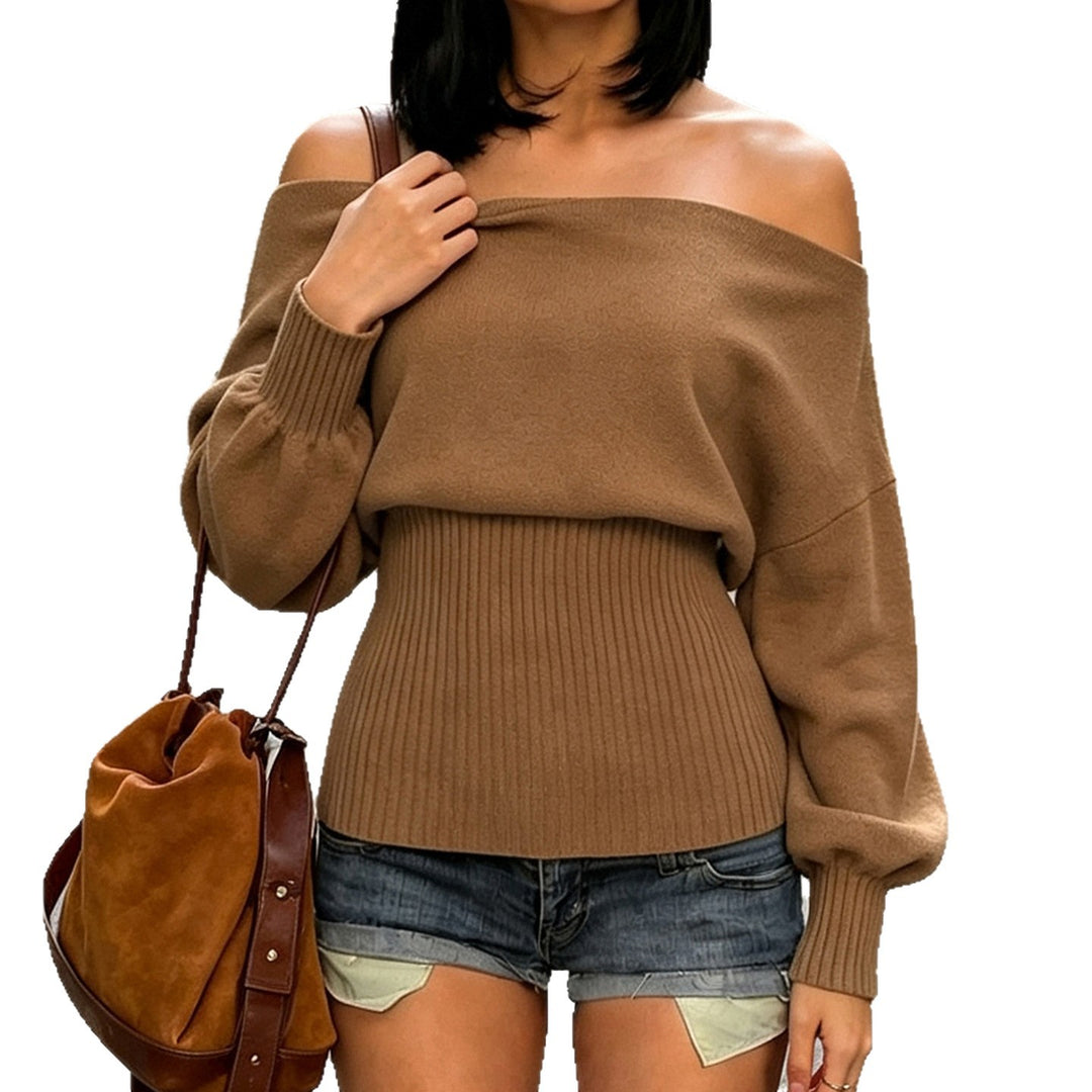 Damen Oversize schulterfreier Pullover mit breitem Rippbund und Ballonärmeln Drune