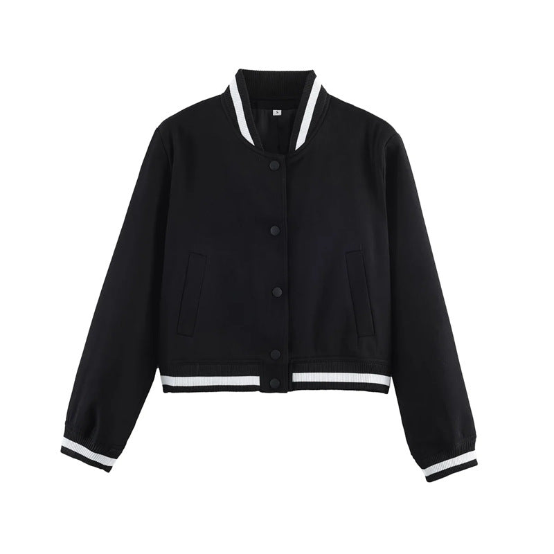 Damen nan kurzgeschnittene Bomberjacke im Varsity-Stil mit Rippbündchen und Druckknopfverschluss Drune