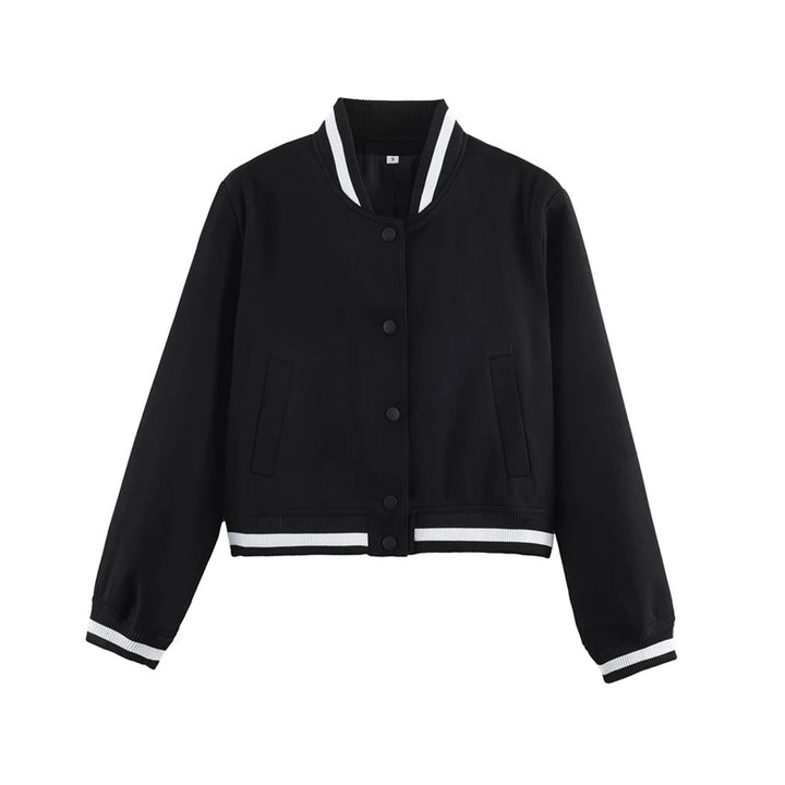 Damen nan kurzgeschnittene Bomberjacke im Varsity-Stil mit Rippbündchen und Druckknopfverschluss Drune