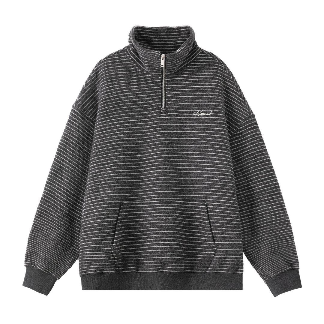 Unisex Oversize-Halbzip-Sweatshirt im feinen Streifen-Frottée mit Stehkragen und Kängurutasche Drune