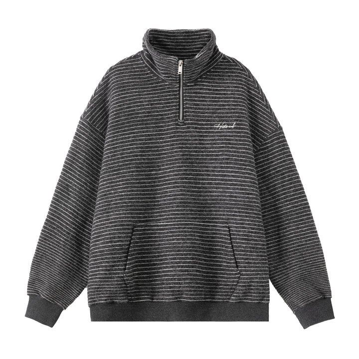 Unisex Oversize-Halbzip-Sweatshirt im feinen Streifen-Frottée mit Stehkragen und Kängurutasche Drune
