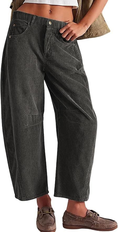 Damen Weite Cordhose mit hoher Taille, Cropped-Bein und Eingriffstaschen Drune