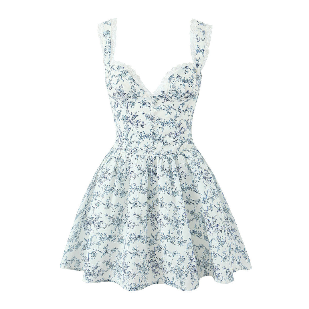 Damen kurzes Blumenkleid mit verstellbaren Spaghettiträgern Drune