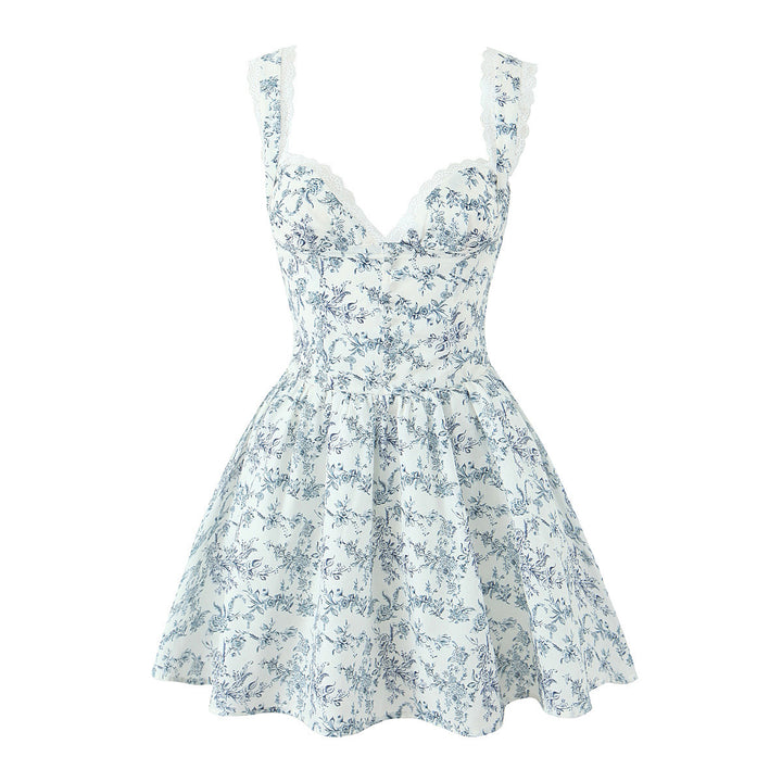 Damen kurzes Blumenkleid mit verstellbaren Spaghettiträgern Drune