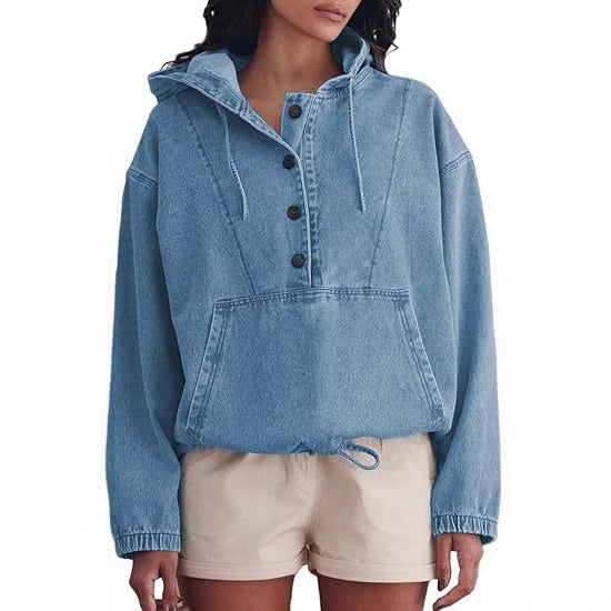 Damen Denim-Hoodie mit halber Knopfleiste, Kängurutasche und Tunnelzugsaum Drune