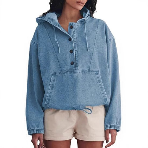 Damen Jeans-Halbanorak mit Kapuze, Kängurutasche und Tunnelzug Drune