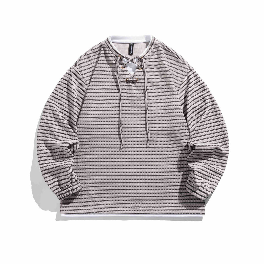 Unisex Gestreifter Waffelstruktur-Pullover mit Schnürverschluss und Raglanärmeln Drune