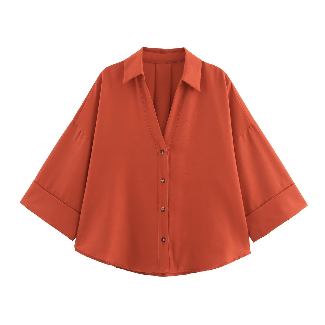 Damen nan lockere oversized Hemdbluse mit weitem Kragen und Dreiviertelärmeln Drune