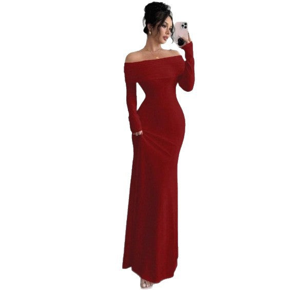 Damen Elegantes Off-Shoulder-Maxikleid mit figurbetontem Schnitt und langen Ärmeln Drune
