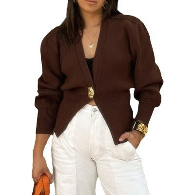 Damen eleganter Strickcardigan mit tiefem V-Ausschnitt und dekorativem Knopf Drune