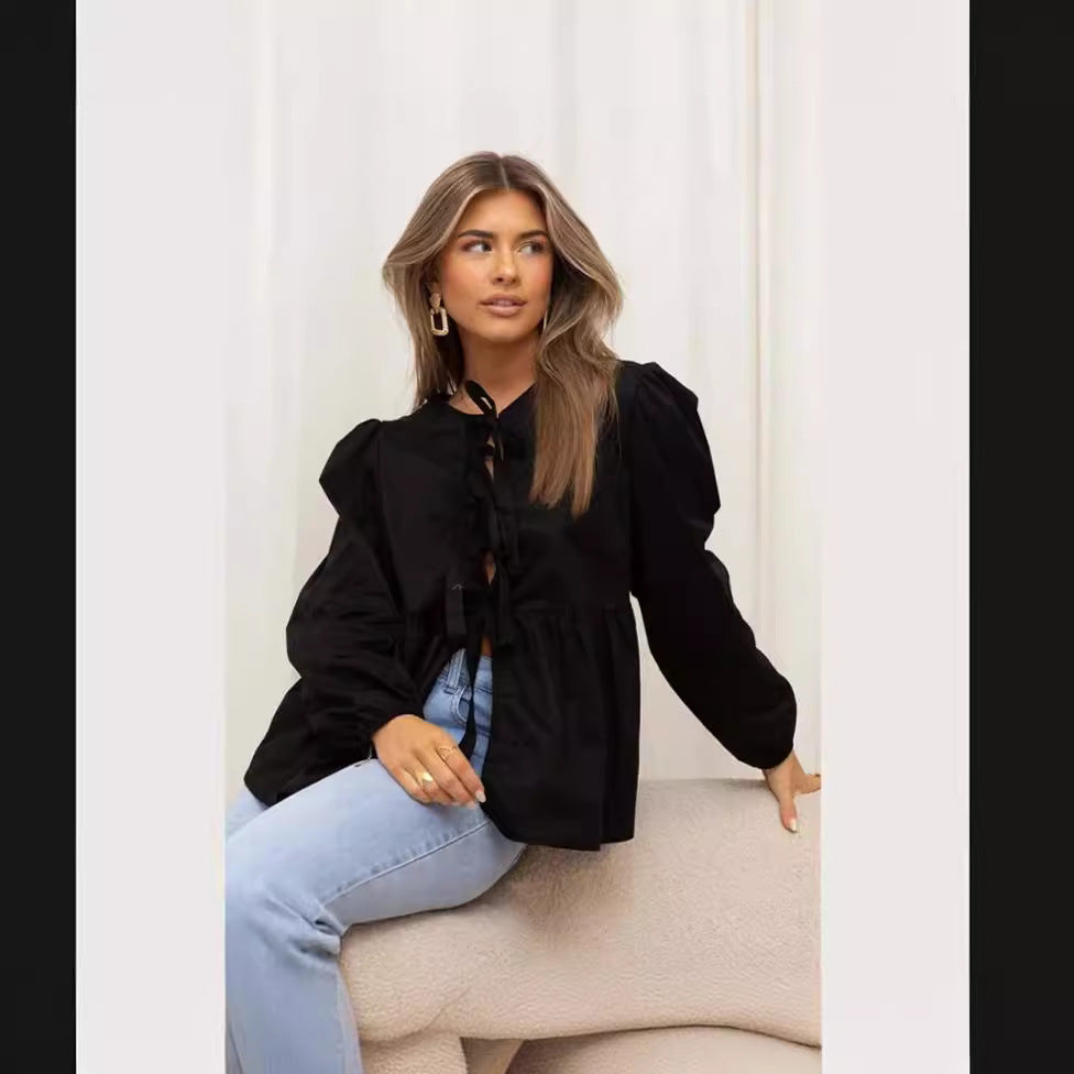 Damen elegante Bluse mit Rüschendetails und Bindeband Drune