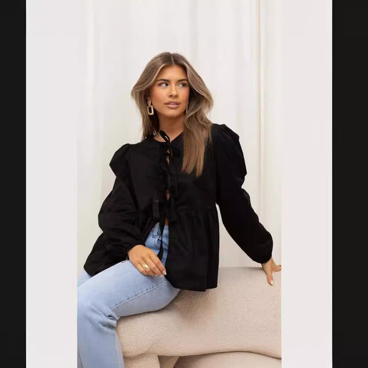 Damen elegante Bluse mit Rüschendetails und Bindeband Drune