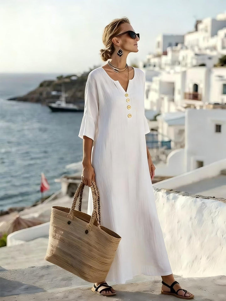Frauen Relaxed V-Ausschnitt Knopf-Front Maxi Kaftan Kleid Drune