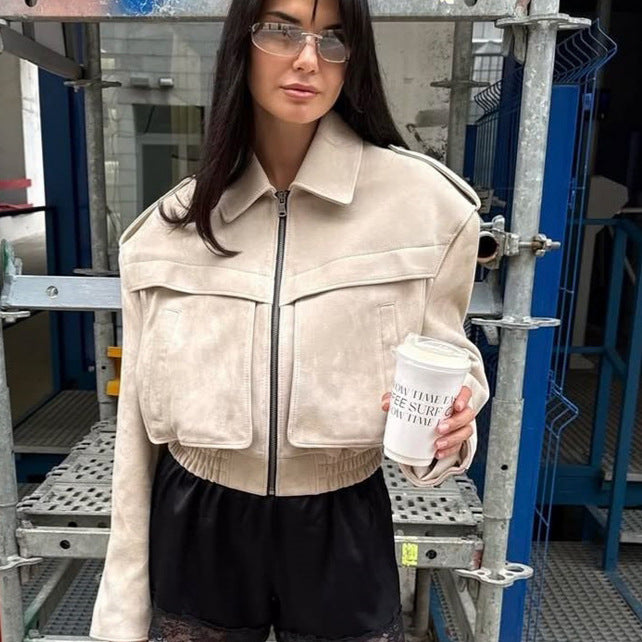 Damen Kurzblouson aus Veloursleder‑Optik mit Oversize‑Schulter und verdecktem Reißverschluss Drune