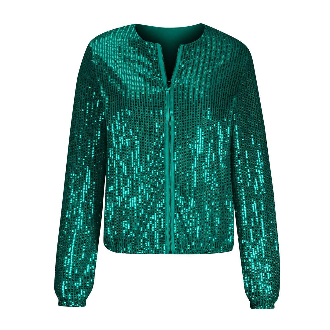 Damen Glamouröse Paillettenjacke mit durchgehendem Reißverschluss und langem Arm Drune