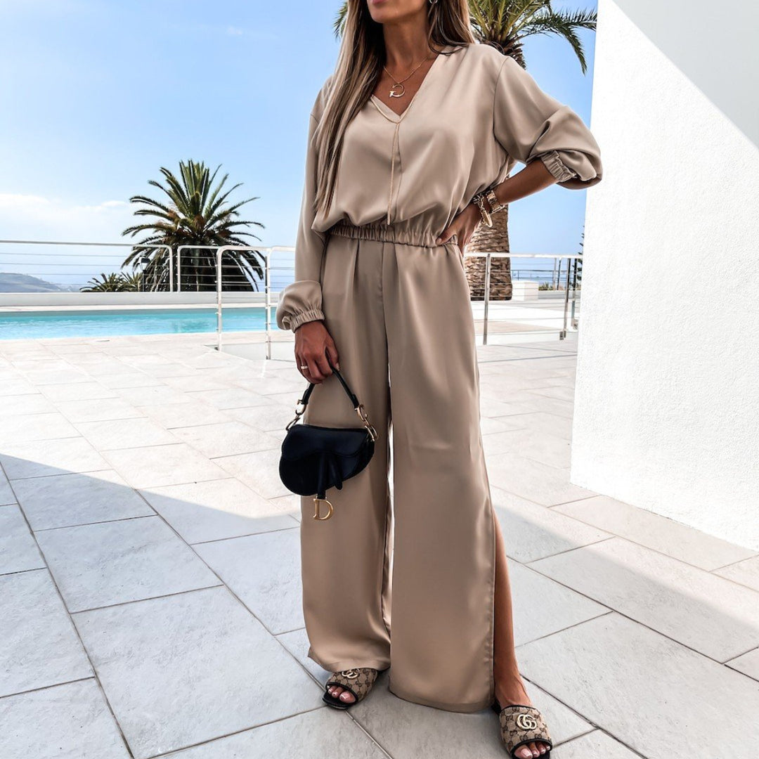 Damen elegantes Jumpsuit mit weiten Beinen und V-Ausschnitt Drune