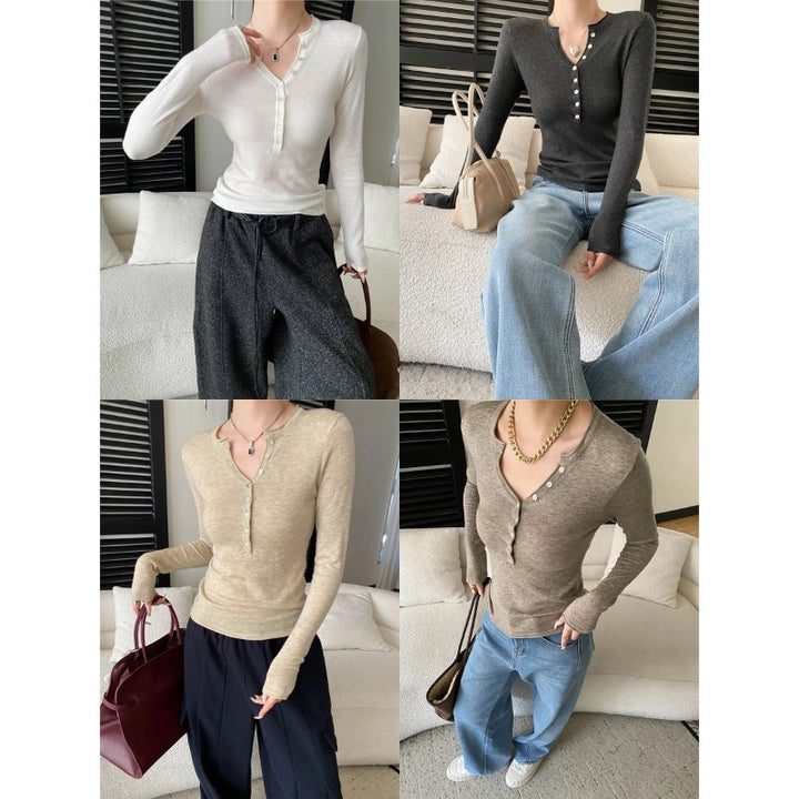 Damen Langarmshirt mit dekorativen Knöpfen und V-Ausschnitt Drune