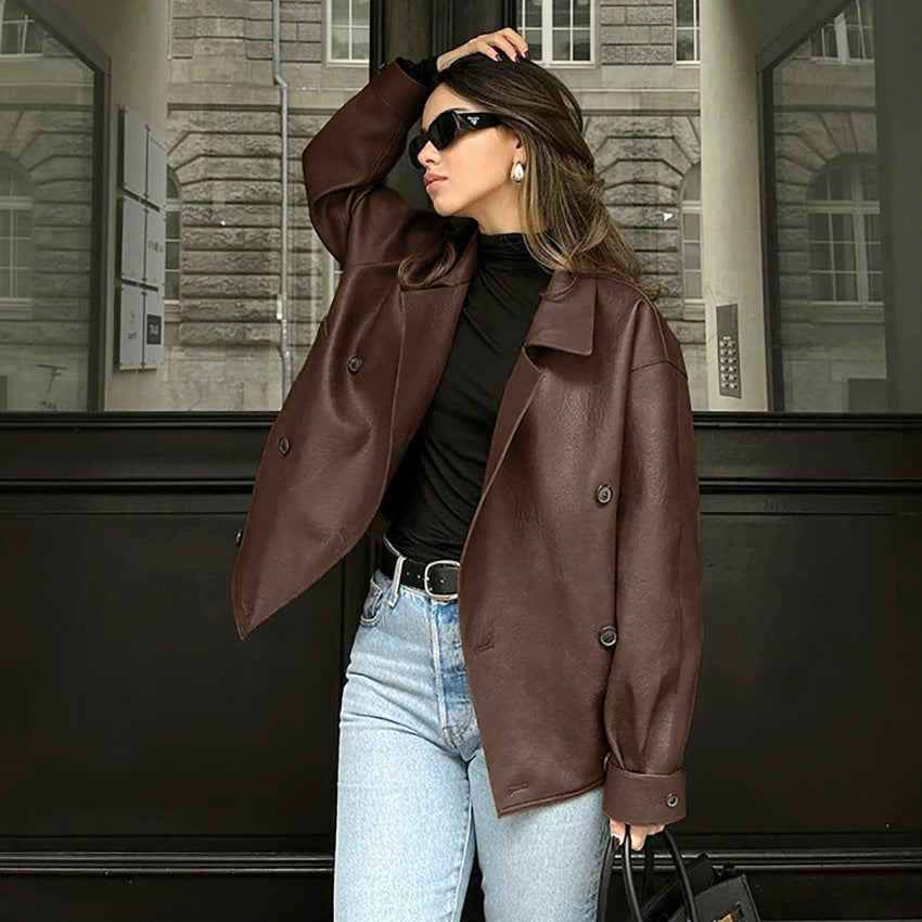 Damen Oversized-Bomberjacke aus Kunstleder mit doppelter Knopfleiste