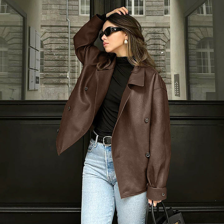 Damen Oversized-Bomberjacke aus Kunstleder mit doppelter Knopfleiste