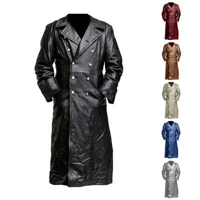 Herren Doppelreihiger Ledermantel im Trenchcoat‑Stil mit schmaler Taille Drune
