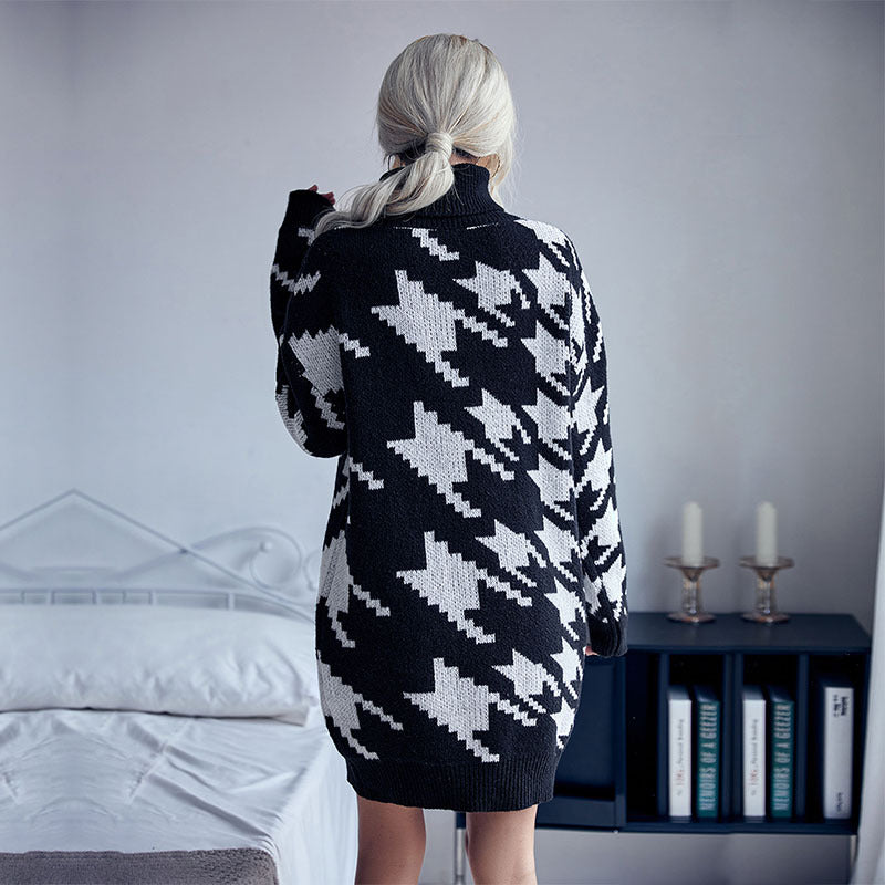 Damen Strick-Minikleid mit Hahnentritt-Jacquard, Rollkragen und taillenbetonter Gürteloptik Drune