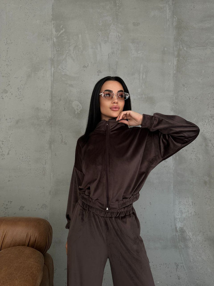 Damen Samt-Loungewear-Set mit kurzem Reißverschluss und geraffter Taillenpartie Drune