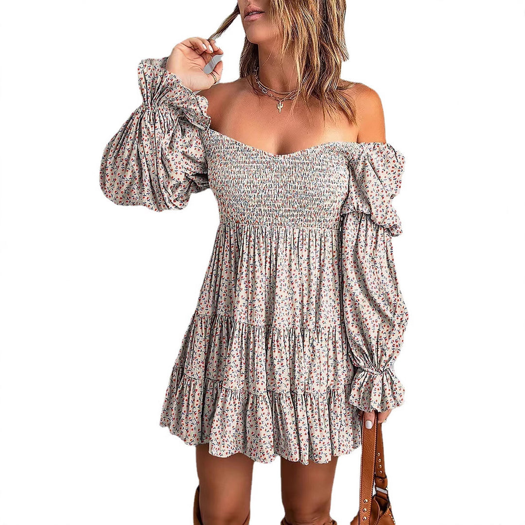 Damen Off-Shoulder Minikleid mit Smok-Oberteil, Volantstufen und gerafften Ballonärmeln Drune