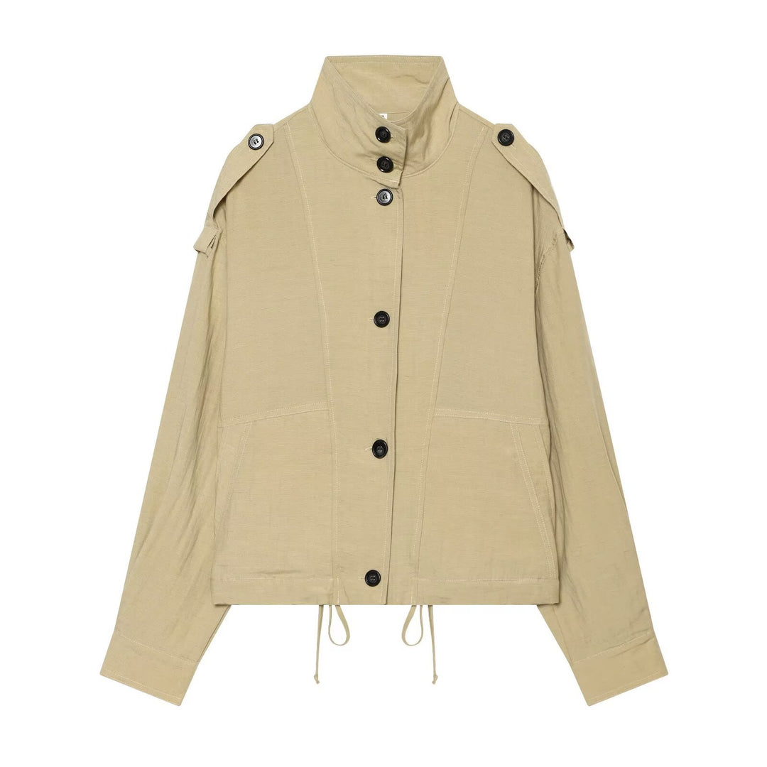 Damen Oversize Cropped Utility‑Jacke mit hohem Stehkragen, Schulterklappen und Tunnelzug Drune