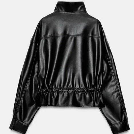 Damen Glänzende Cropped‑Kunstlederjacke im Blousonstil mit Stehkragen und Tunnelzugbund Drune