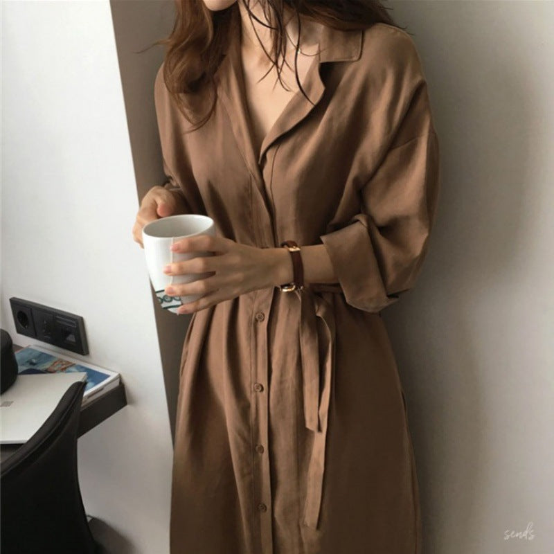 Damen Hemdblusenkleid mit Bindegürtel und lässigen Dreiviertelärmeln Drune