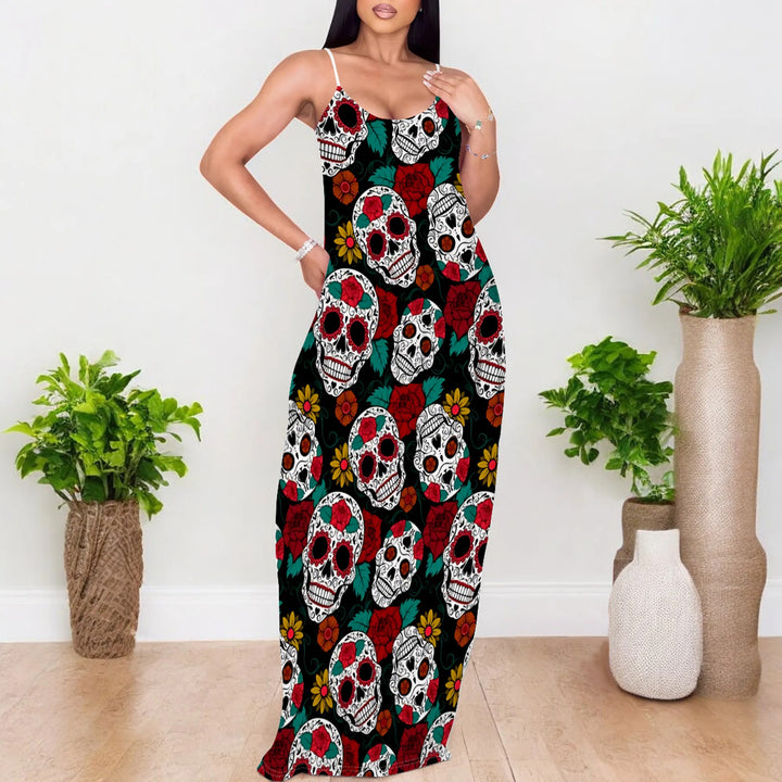 Damen Maxikleid mit künstlerischem Halloween-Motiv und umwerfendem Rosenprint Drune