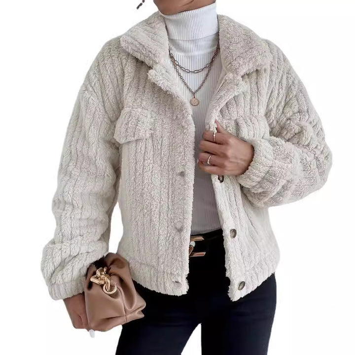 Damen nan kuschelige Teddyjacke mit Hemdkragen, Druckknopfverschluss und aufgesetzten Brusttaschen Drune