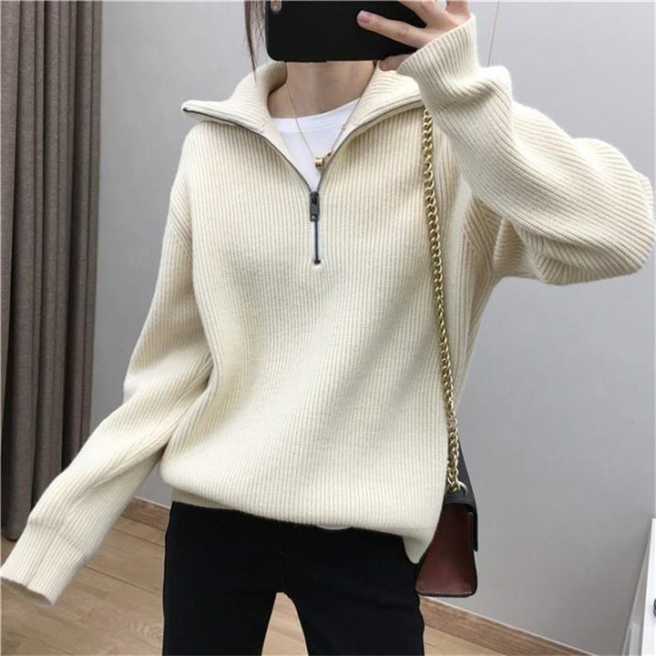 Damen Leichter Strickpullover mit hohem Kragen und Reißverschluss Drune