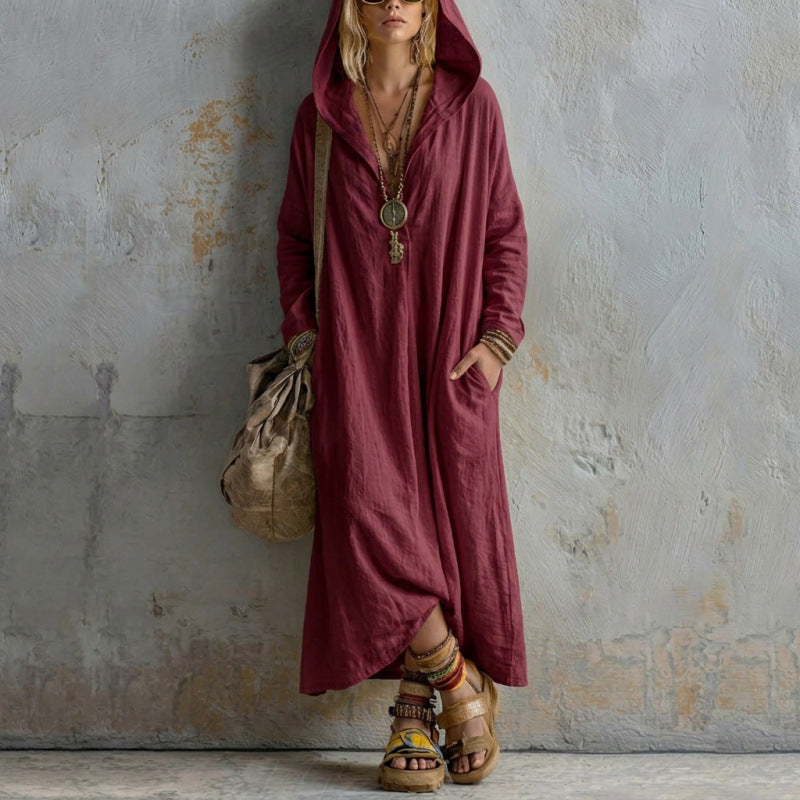Damen Langes Kapuzenkleid im Boho-Look mit V-Ausschnitt, Eingrifftaschen und lockerem Fall Drune