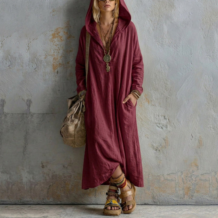 Damen Langes Kapuzenkleid im Boho-Look mit V-Ausschnitt, Eingrifftaschen und lockerem Fall Drune