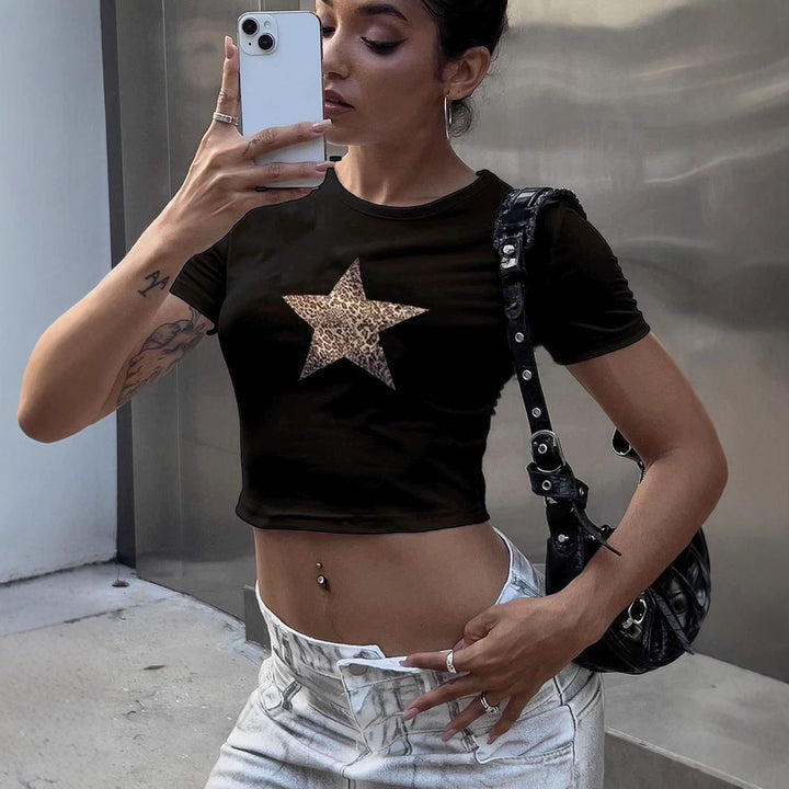 Damen Crop-T-Shirt mit stilvollem Leopardenstern-Design Drune