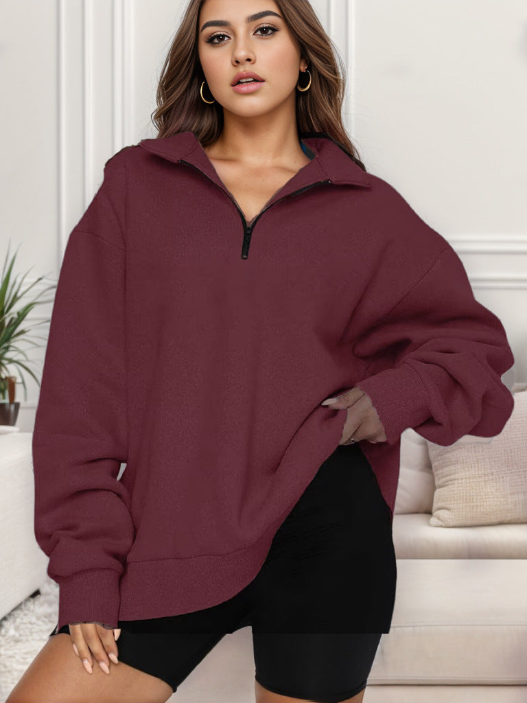 Damen nan übergroßes Sweatshirt mit Halbreißverschluss und Stehkragen Drune