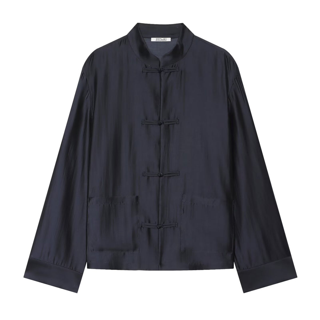 Damen Mandarinkragen-Jacke mit Chinesischen Knotenverschlüssen und aufgesetzten Taschen Drune