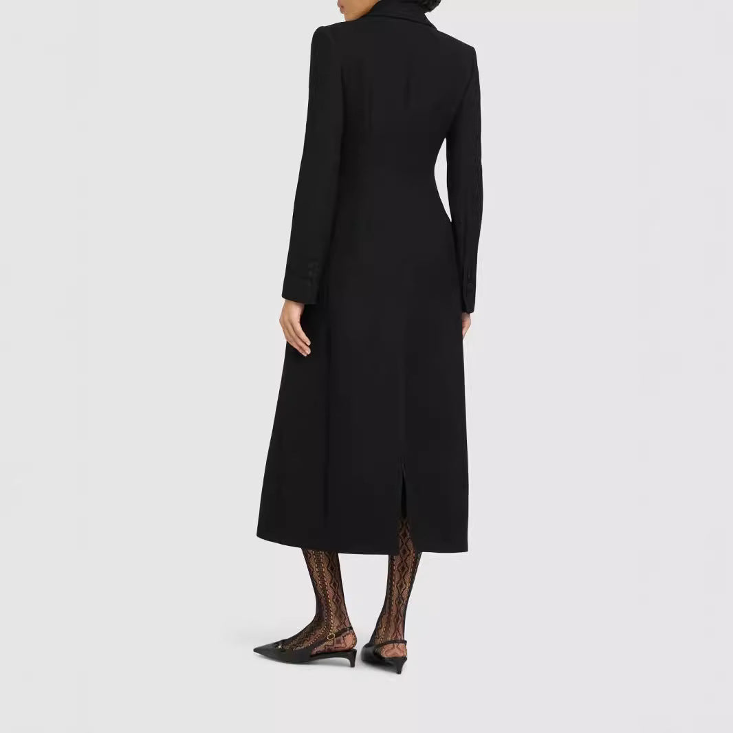 Damen Doppelreihiges tailliertes Blazerkleid mit Maxi‑Länge und Pattentaschen Drune