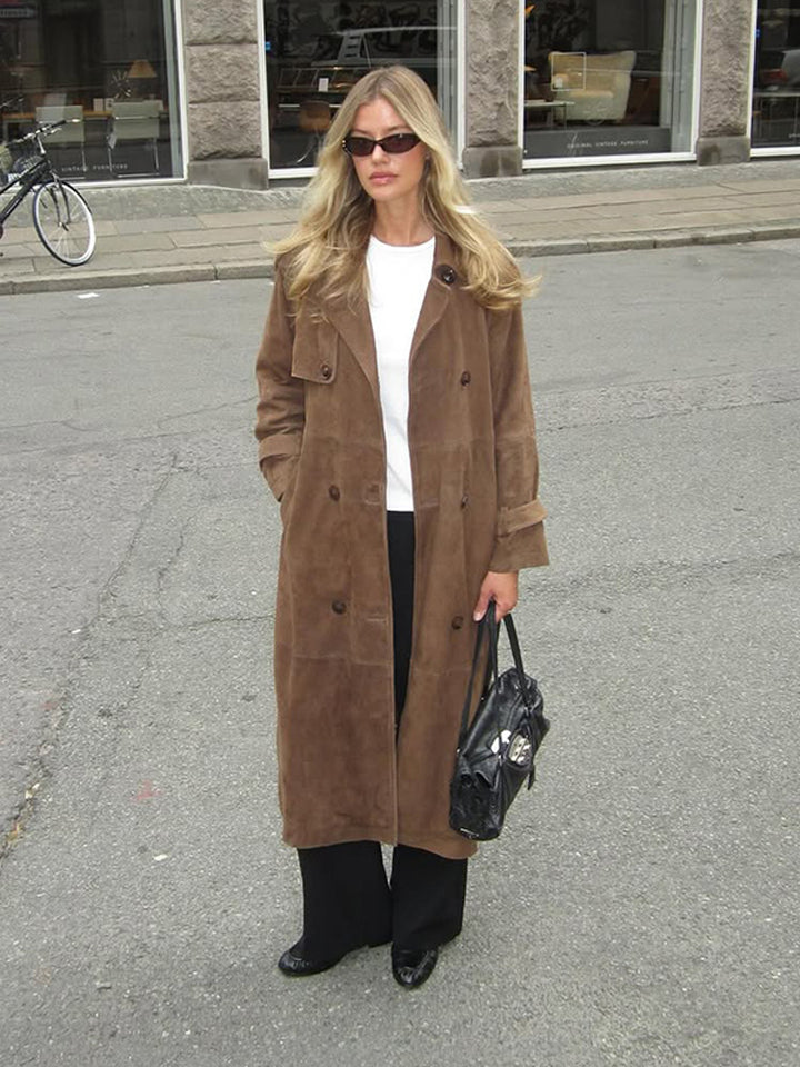 Damen Langer Wildleder‑Trenchcoat mit doppelreihiger Knopfleiste Drune