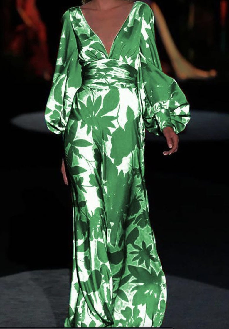 Damen Maxikleid mit tiefem V-Ausschnitt und voluminösen Ärmeln Drune