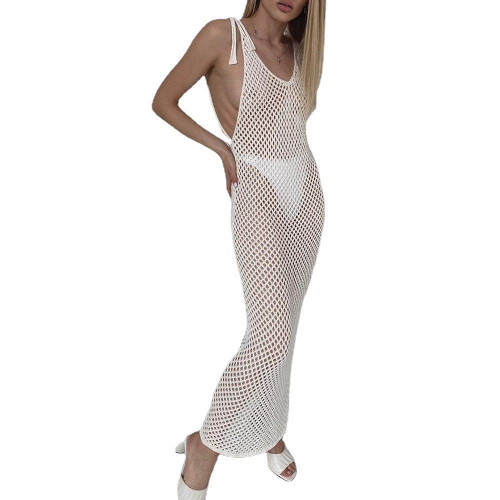 Damen gehäkeltes Strandkleid mit tiefem V-Ausschnitt und verstellbaren Trägern Drune