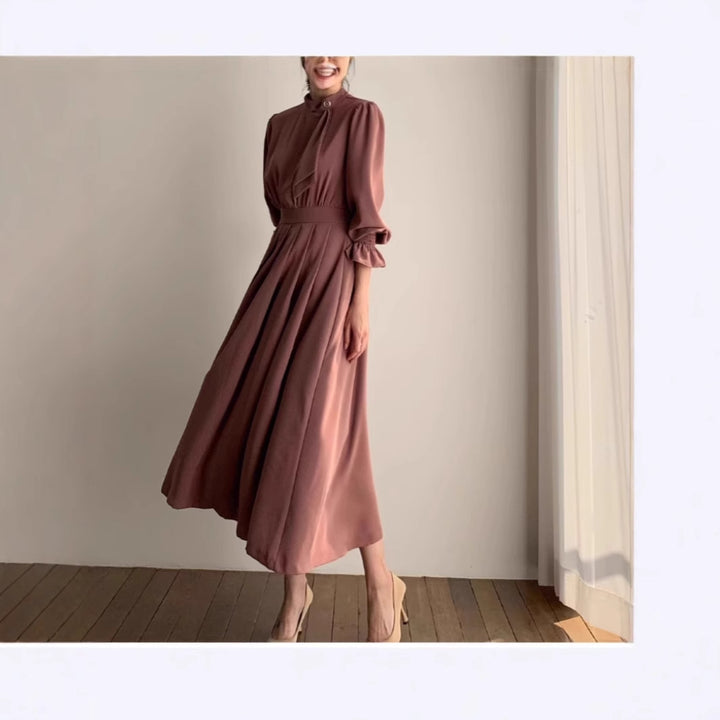 Damen Midikleid mit Stehkragen, Schleifenblende und geraffter Taille Drune